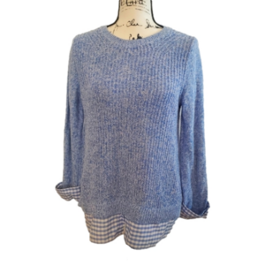 Talbots | Light Blue Knit Crew Sweater Gingham Cuffs and Shirt Bottom - Petites